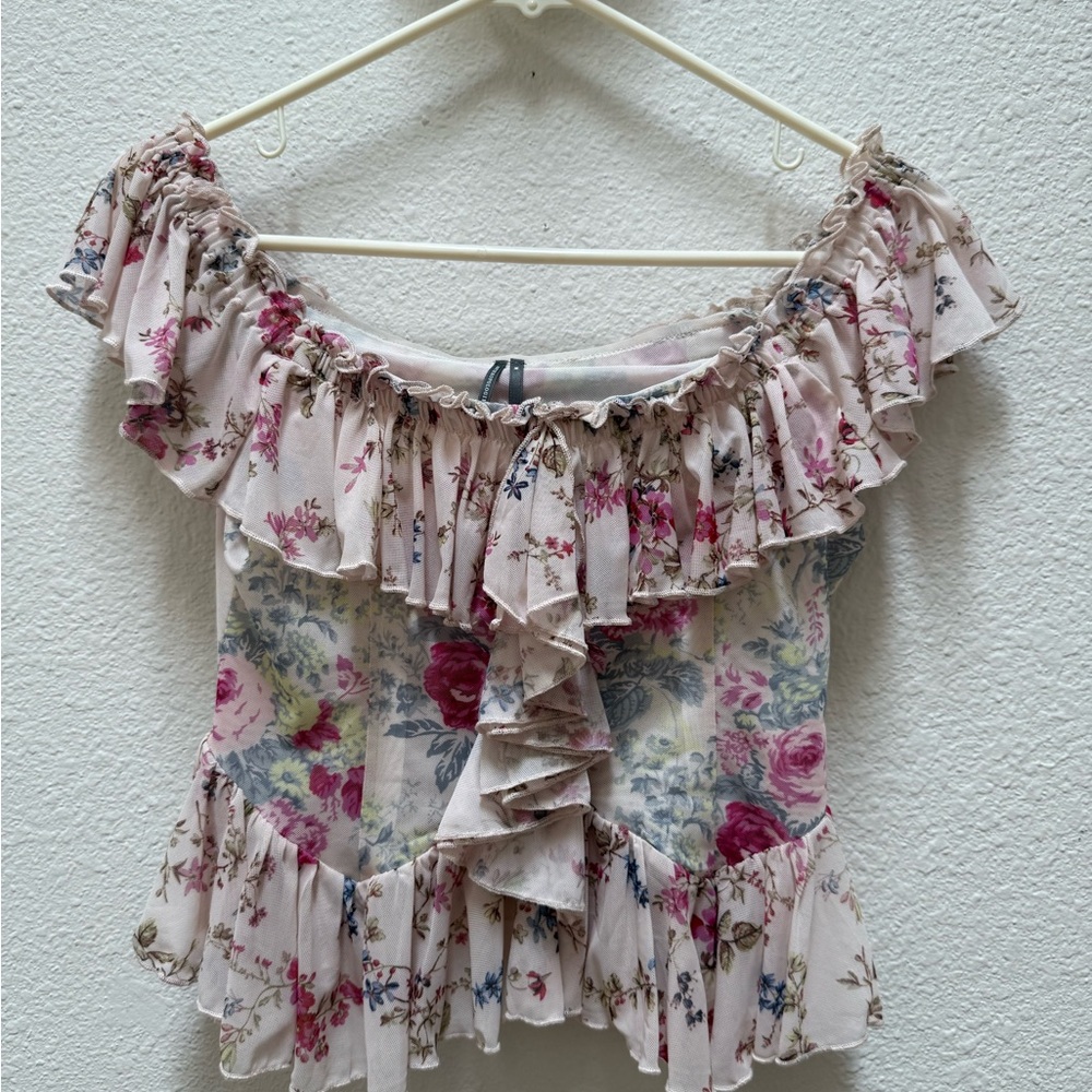 Anthropologie Pink Floral Ruffle Top